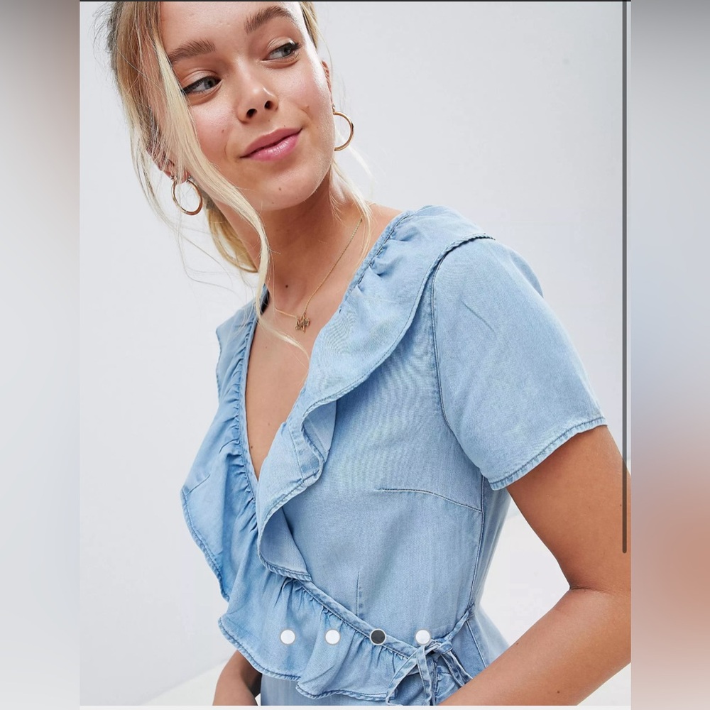 ASOS DESIGN denim wrap dress with frill detail
